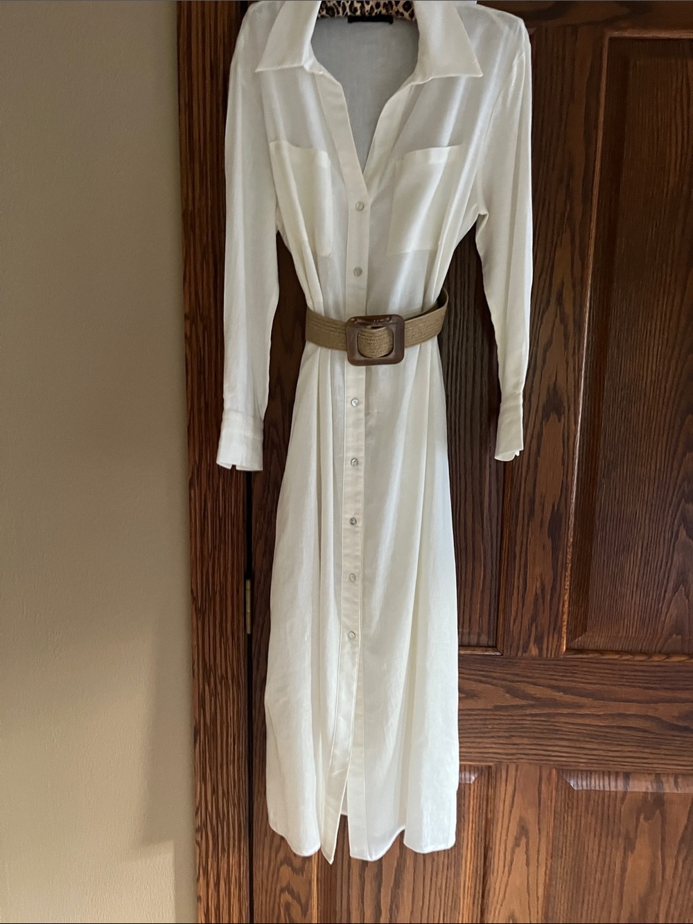 Deluc linen ivory Maxi Shirt Dress with Tan Belt